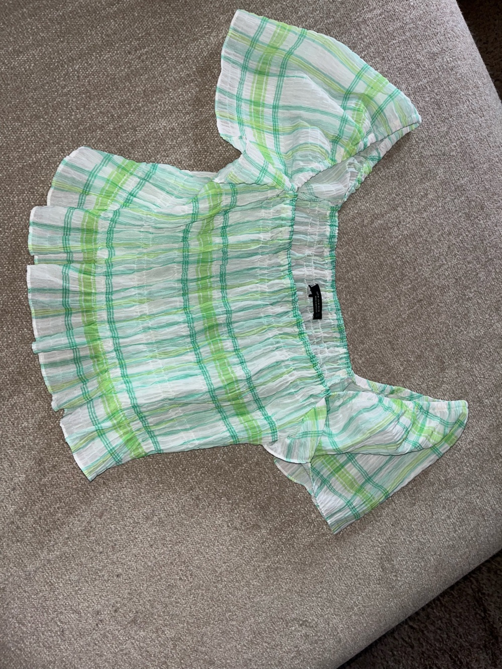 Zara White and Light Green Plaid Smocked Crop Top
